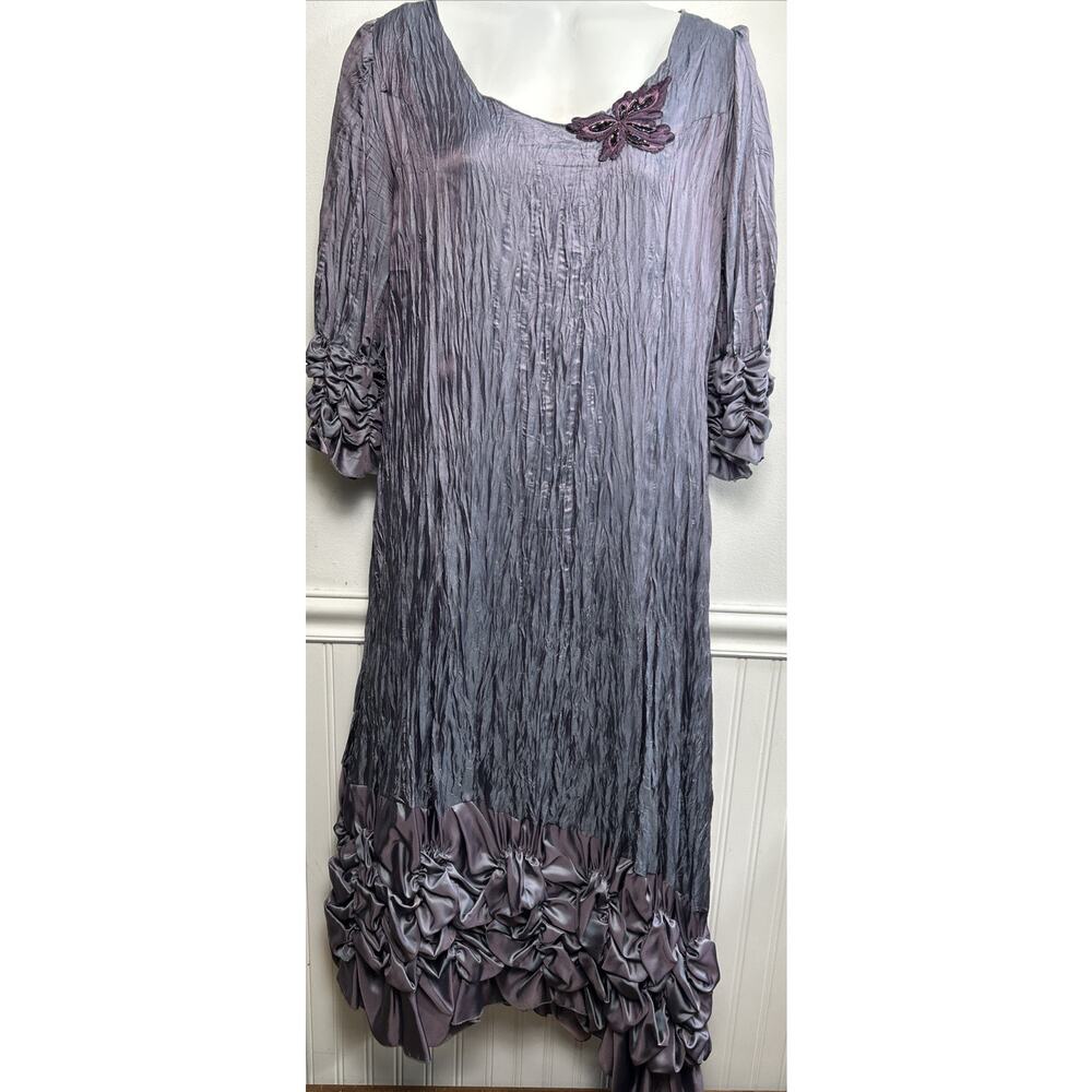 Vtg Lee Andersen USA Couture Dress XS/S Purple Shiny Crepe Glam Rockabilly Art